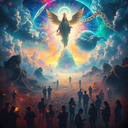 A surreal, dreamlike landscape representing the magical power of the gods, intertwined with the modern chaos of mobile phone technology