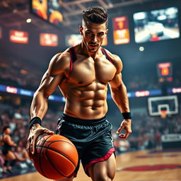 A sexy basketball player with strong muscles, wearing form-fitting sports gear, showing off their athletic physique