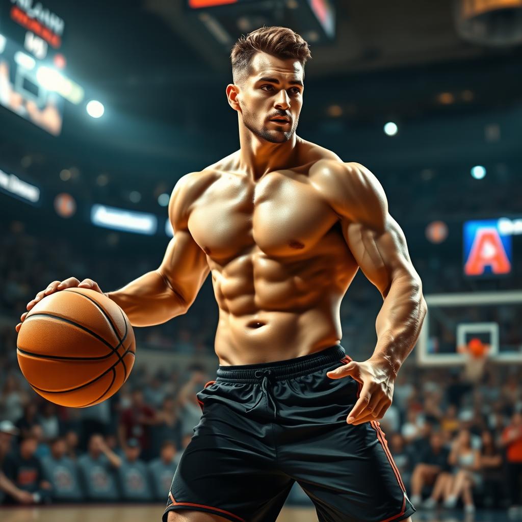 A sexy basketball player with strong muscles, wearing form-fitting sports gear, showing off their athletic physique