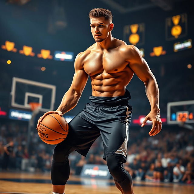 A sexy basketball player with strong muscles, wearing form-fitting sports gear, showing off their athletic physique