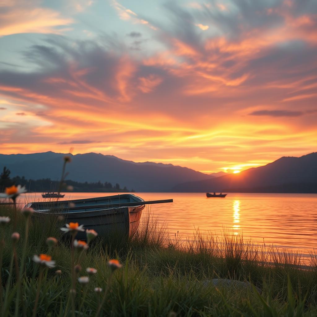 An ethereal and dreamy aesthetic scene featuring a tranquil lakeside at golden hour, with soft pastel colors reflecting off the water