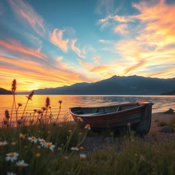 An ethereal and dreamy aesthetic scene featuring a tranquil lakeside at golden hour, with soft pastel colors reflecting off the water