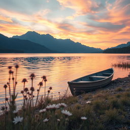 An ethereal and dreamy aesthetic scene featuring a tranquil lakeside at golden hour, with soft pastel colors reflecting off the water