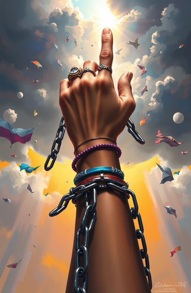 A powerful digital painting depicting a girl's hand breaking free from chains, symbolizing liberation and empowerment