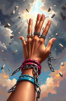 A powerful digital painting depicting a girl's hand breaking free from chains, symbolizing liberation and empowerment