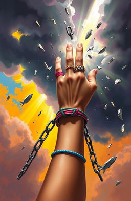 A powerful digital painting depicting a girl's hand breaking free from chains, symbolizing liberation and empowerment