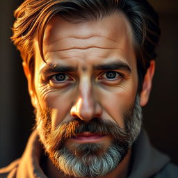 A middle-aged man with a new beard and hairstyle, featuring rich brown color