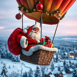 A joyful Santa Claus, dressed in his iconic red suit with white trim, is alone in a beautifully decorated hot air balloon, set against a magical winter sky