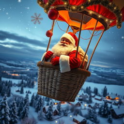A joyful Santa Claus, dressed in his iconic red suit with white trim, is alone in a beautifully decorated hot air balloon, set against a magical winter sky