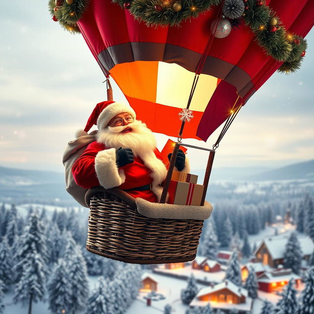 A joyful Santa Claus, dressed in his iconic red suit with white trim, is alone in a beautifully decorated hot air balloon, set against a magical winter sky