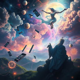 A dreamlike scene illustrating the magical power of gods juxtaposed with the chaotic influence of mobile phones and the Internet