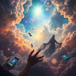 A dreamlike scene illustrating the magical power of gods juxtaposed with the chaotic influence of mobile phones and the Internet