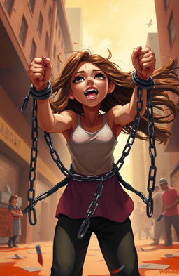 A digital painting of a girl with her hands strictly tied up, breaking chains that are falling away, symbolizing her break from societal boundaries