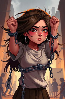 A digital painting of a girl with her hands strictly tied up, breaking chains that are falling away, symbolizing her break from societal boundaries