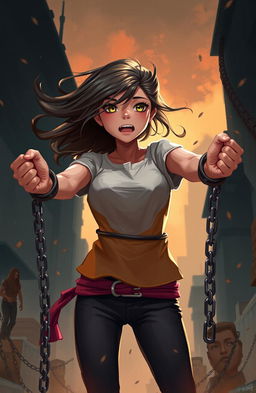 A digital painting of a girl with her hands strictly tied up, breaking chains that are falling away, symbolizing her break from societal boundaries