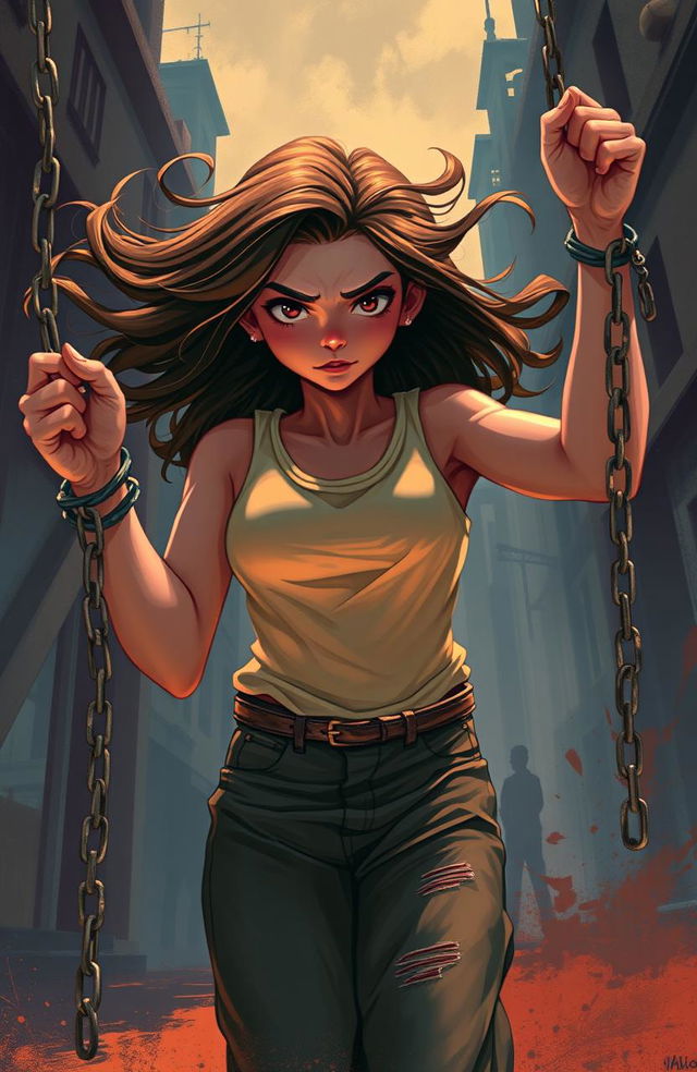 A digital painting of a girl with her hands strictly tied up, breaking chains that are falling away, symbolizing her break from societal boundaries