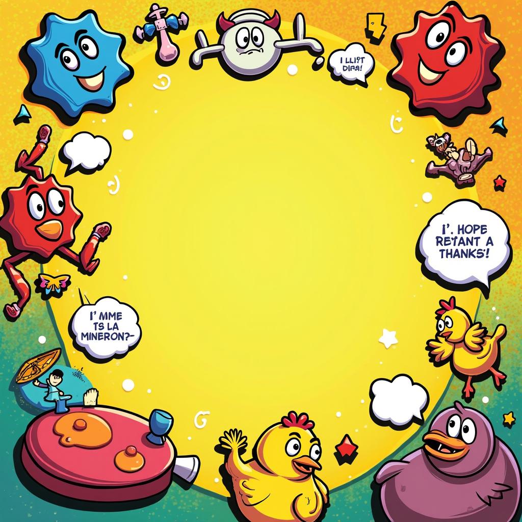 A vibrant and playful background for a joke book, featuring colorful illustrations of various comedic elements like smiling cartoon characters, funny props such as a whoopee cushion, rubber chickens, and speech bubbles with witty one-liners