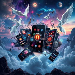 A surreal depiction of a magical realm showcasing the duality of technology as both captivating and dangerous