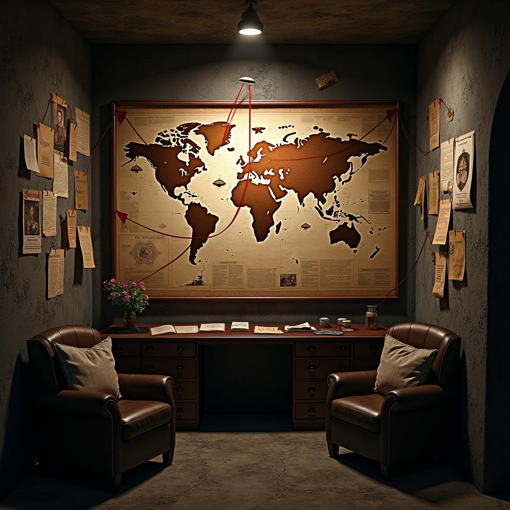 A dark and mysterious underground setting filled with conspiracy theory elements