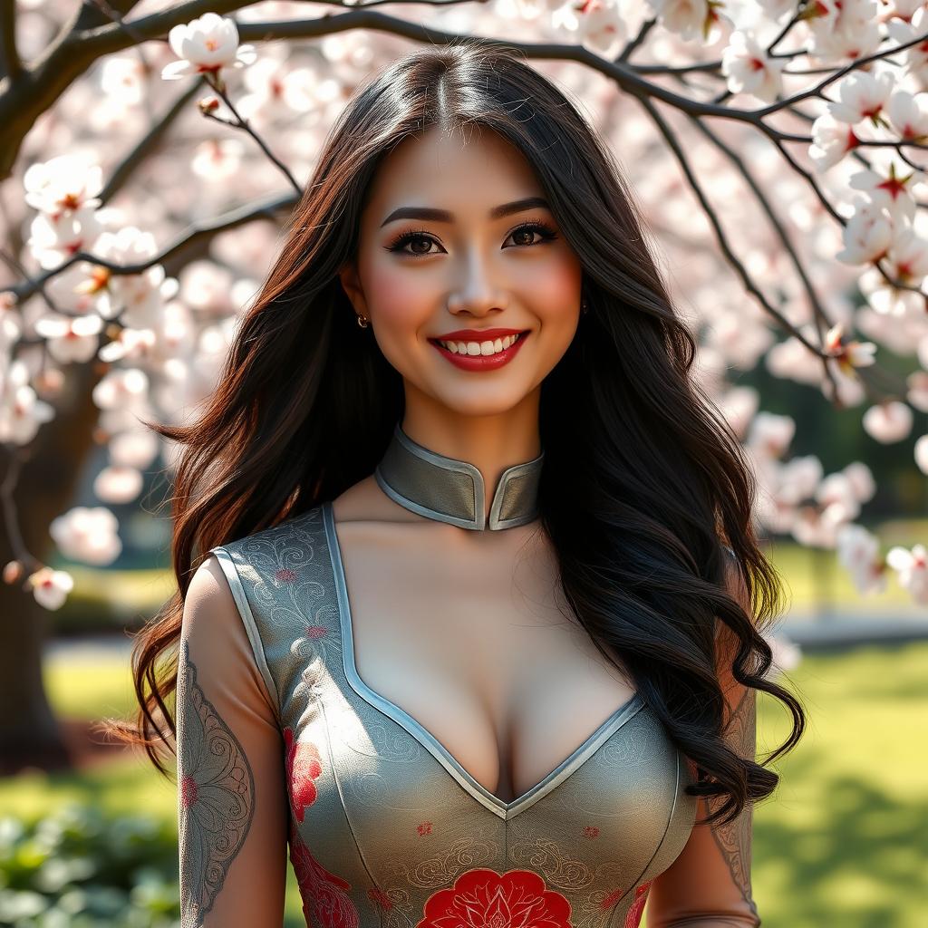 A captivating portrait of a beautiful Chinese woman with large, round breasts, exuding confidence and charm