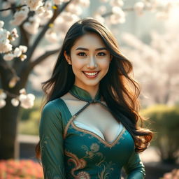 A captivating portrait of a beautiful Chinese woman with large, round breasts, exuding confidence and charm