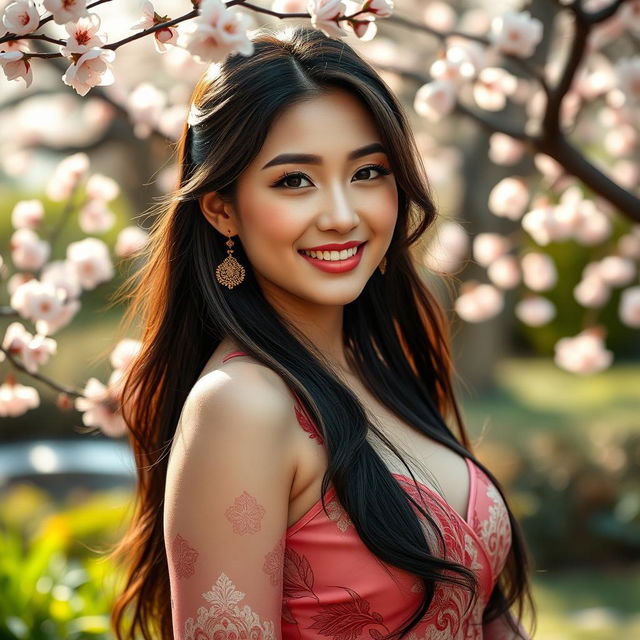 A captivating portrait of a beautiful Chinese woman with large, round breasts, exuding confidence and charm