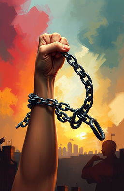 A striking digital painting featuring a girl's hand breaking free from tightly bound chains