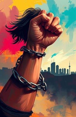 A striking digital painting featuring a girl's hand breaking free from tightly bound chains