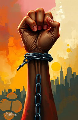 A striking digital painting featuring a girl's hand breaking free from tightly bound chains
