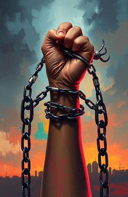 A striking digital painting featuring a girl's hand breaking free from tightly bound chains