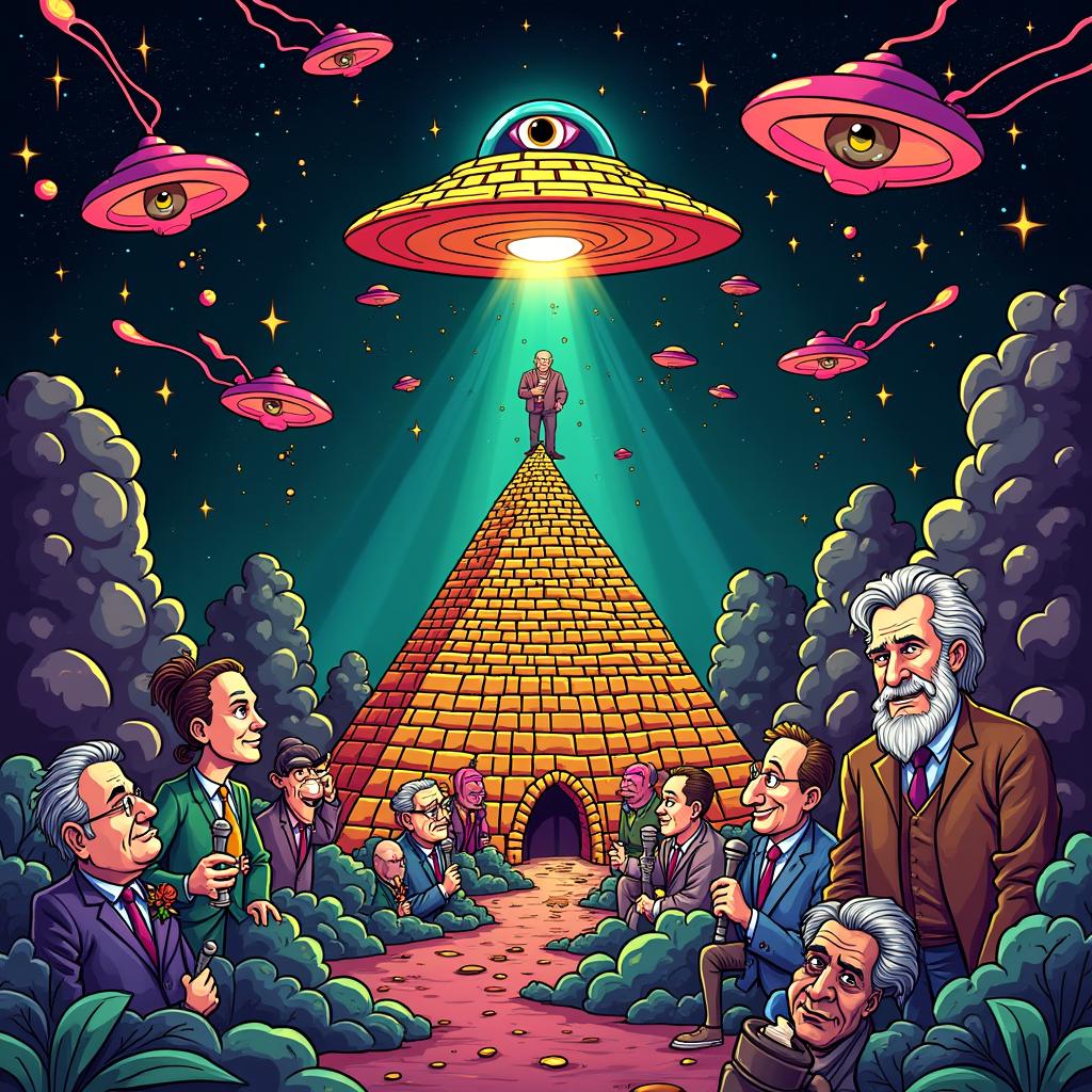 A whimsical and intriguing background for a conspiracy theory joke book