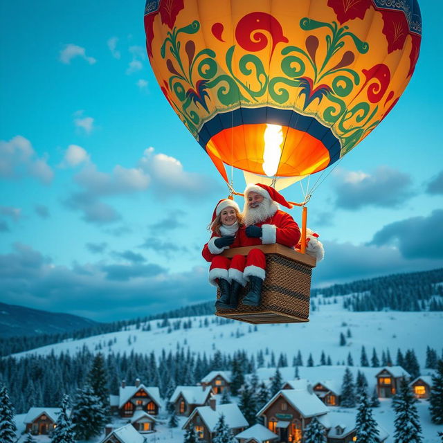 A delightful scene of a couple dressed as Santa Claus happily soaring in a vibrant hot air balloon