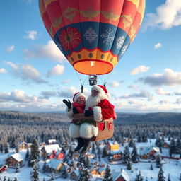 A delightful scene of a couple dressed as Santa Claus happily soaring in a vibrant hot air balloon