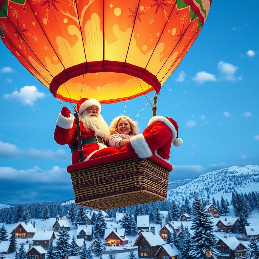 A delightful scene of a couple dressed as Santa Claus happily soaring in a vibrant hot air balloon