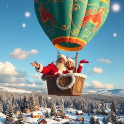 A delightful scene of a couple dressed as Santa Claus happily soaring in a vibrant hot air balloon