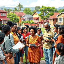 A vibrant and engaging scene depicting participatory monitoring in a community setting, showcasing diverse individuals actively engaging in discussions and observations