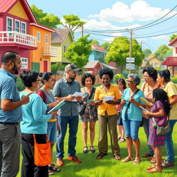 A vibrant and engaging scene depicting participatory monitoring in a community setting, showcasing diverse individuals actively engaging in discussions and observations