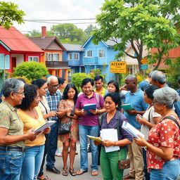 A vibrant and engaging scene depicting participatory monitoring in a community setting, showcasing diverse individuals actively engaging in discussions and observations