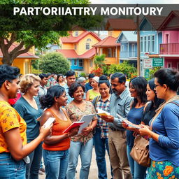 A vibrant and engaging scene depicting participatory monitoring in a community setting, showcasing diverse individuals actively engaging in discussions and observations