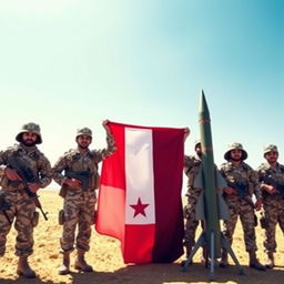 A dynamic scene showcasing Yemeni soldiers standing proudly with the Yemeni flag, which features bold red, white, and black stripes without any stars