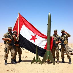 A dynamic scene showcasing Yemeni soldiers standing proudly with the Yemeni flag, which features bold red, white, and black stripes without any stars