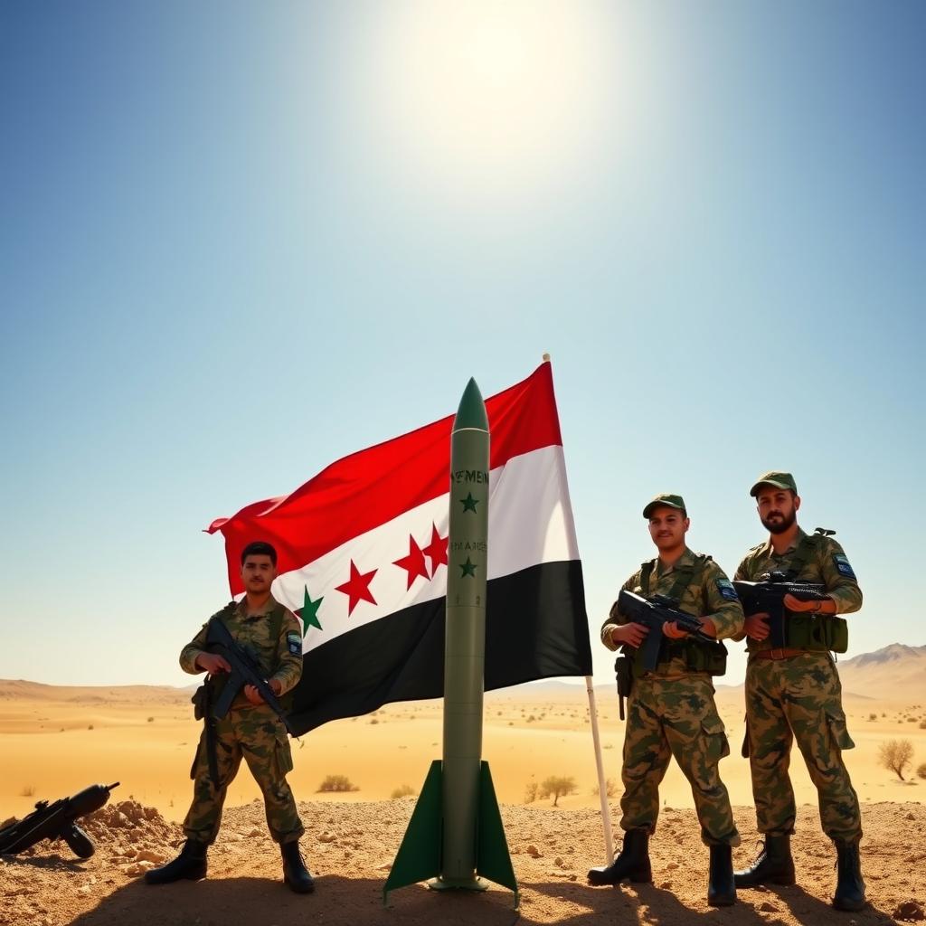 A dynamic scene showcasing Yemeni soldiers standing proudly with the Yemeni flag, which features bold red, white, and black stripes without any stars