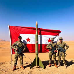 A dynamic scene showcasing Yemeni soldiers standing proudly with the Yemeni flag, which features bold red, white, and black stripes without any stars