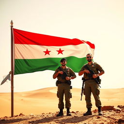 A vibrant scene featuring Yemeni soldiers standing with pride alongside the Yemeni flag, which consists of bold red, white, and black stripes without any stars