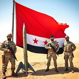 A vibrant scene featuring Yemeni soldiers standing with pride alongside the Yemeni flag, which consists of bold red, white, and black stripes without any stars