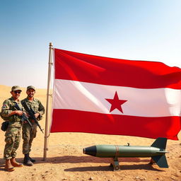 A vibrant scene featuring Yemeni soldiers standing with pride alongside the Yemeni flag, which consists of bold red, white, and black stripes without any stars