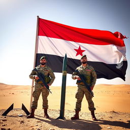 A vibrant scene featuring Yemeni soldiers standing with pride alongside the Yemeni flag, which consists of bold red, white, and black stripes without any stars