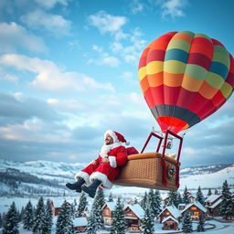 A joyful couple dressed as Santa Claus, enjoying a romantic ride in a colorful hot air balloon high above a picturesque winter landscape