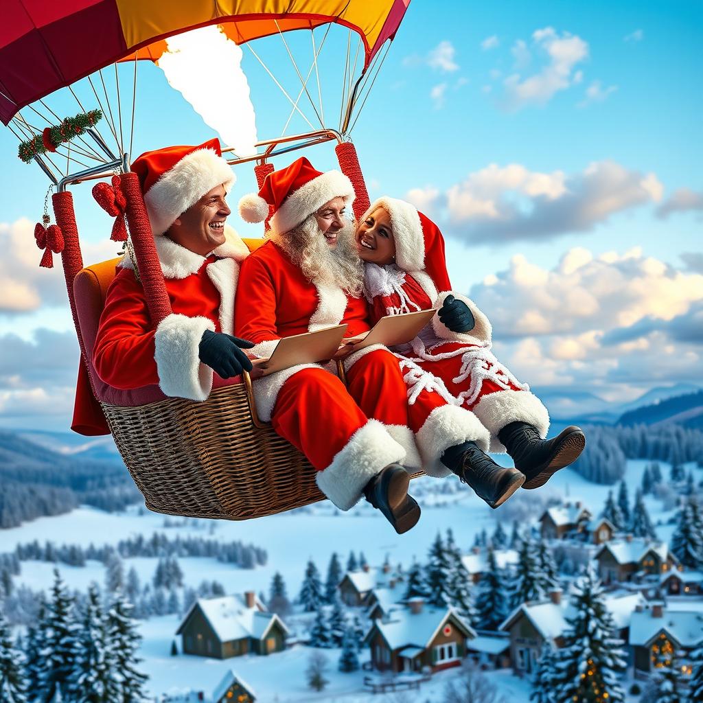 A joyful couple dressed as Santa Claus, enjoying a romantic ride in a colorful hot air balloon high above a picturesque winter landscape