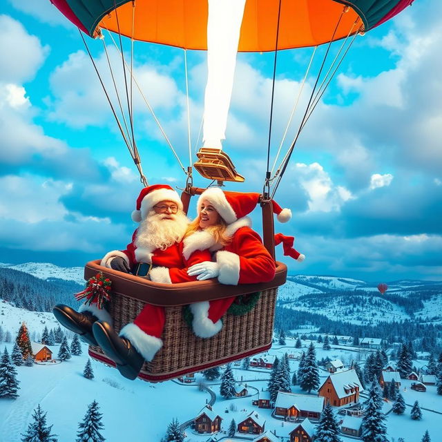 A joyful couple dressed as Santa Claus, enjoying a romantic ride in a colorful hot air balloon high above a picturesque winter landscape